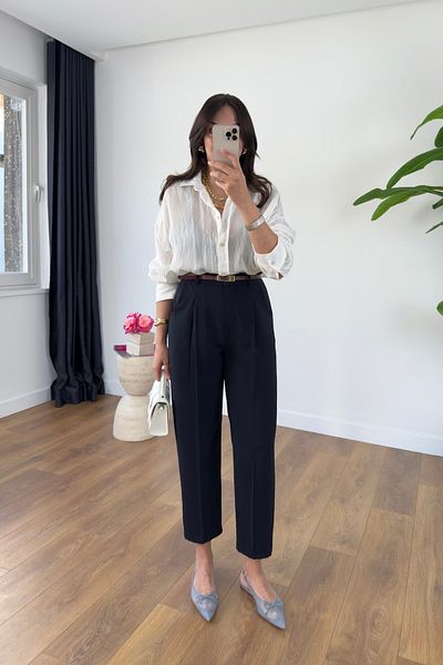 BİRCANÇİL Frons Navy Blue Belted Cap Pocket Carrot Pants