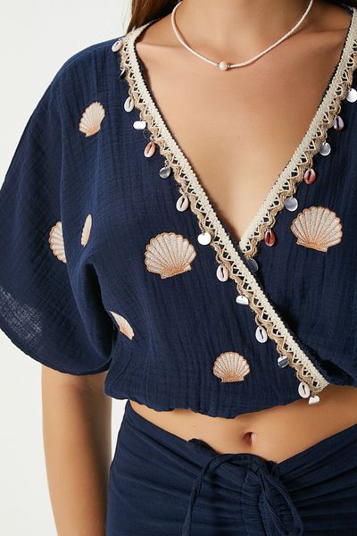 Ritnice Women's Nara Muslin Navy Blue Oyster Embroidered Blouse Skirt Bottom Top Set