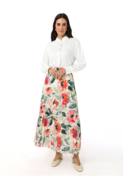 Refka Pleated Pink Floral Patterned Skirt - Refka