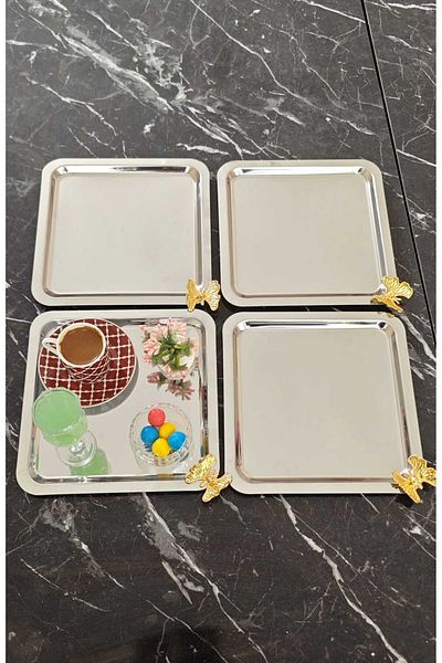 tafce 4 Pcs Stainless Steel Square Presentation Tray Catering Presentation with Butterfly Accessory Coffee and Tea Presentation