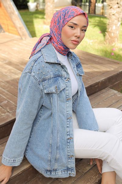 TOFİSA Women's Shoulder Stone Detailed Oversize Denim Jacket Light Blue - 26616