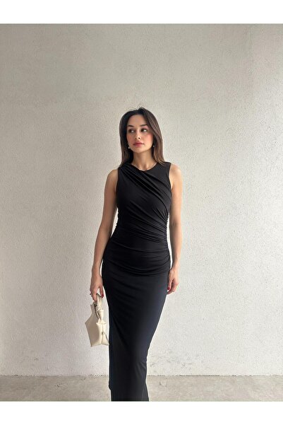 Mooi Butik FELLER Maxi Elbise 5074 - Siyah