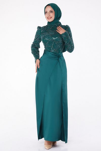 TOFİSA Green Stone Detailed High Collar Women's Evening Dress - 26196