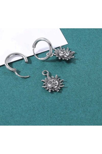 sarıyer silver Sun Figured Smiling Face Model Steel Hanging Hoop Earrings Daily Stylish Style Steel Sun Earrings