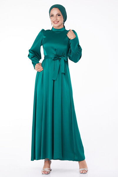 TOFİSA Γυναικείο βραδινό φόρεμα με ίσιο γιακά με πράσινη ζώνη - 26145