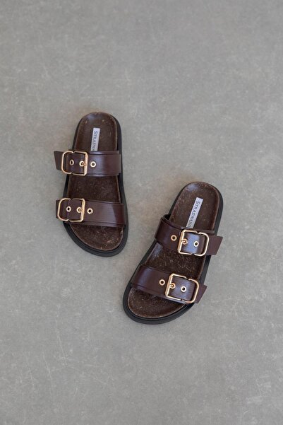 STRASWANS Дамски ежедневни удобни кожени чехли Gita с катарама, кафяви