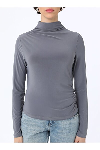 Refka Büzgü Detaylı Dik Yaka Bluz - Antrasit - Refka