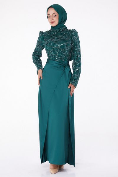 TOFİSA Green Stone Detailed High Collar Women's Evening Dress - 26196