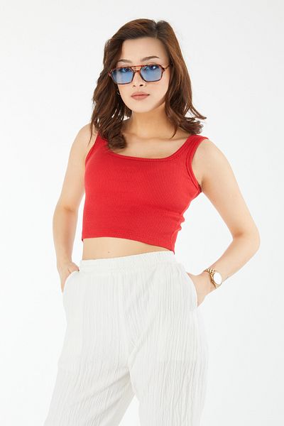 TOFİSA Square Neck Short Sleeve Crop Red - 24439