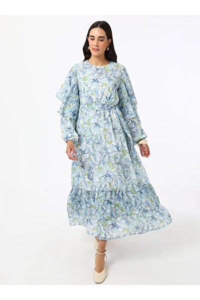 Refka Φόρεμα Hijab σιφόν με λουλουδάτο σχέδιο με λεπτομέρεια βολάν - Μπλε - Refka