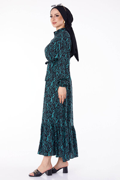 TOFİSA Green Patterned Straight Chief Collar Women's Dress - 25711