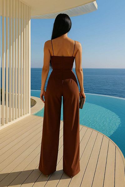 Deafox Brown Double Breasted Collar Imported Crepe Fabric Jumpsuit