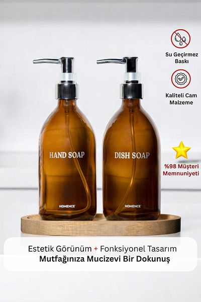 homence Amber Glass Set of 2 - 500ml Soap Dish with Wooden Stand and Silver Lid