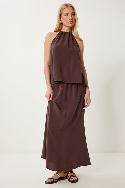Lovelyİstanbul Modal Blouse Skirt Suit Brown Lhl0006