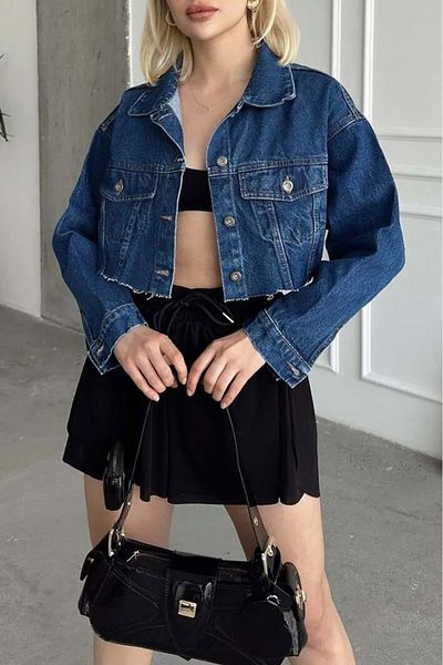TOFİSA Jachetă de damă cu buzunar dublu, tăiată cu laser, din denim, albastru închis - 26582
