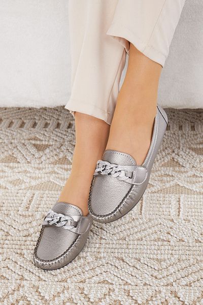 TOFİSA Women's Silver Light Comfortable Sole Orthopedic Leather Skin Ballerinas - 24577