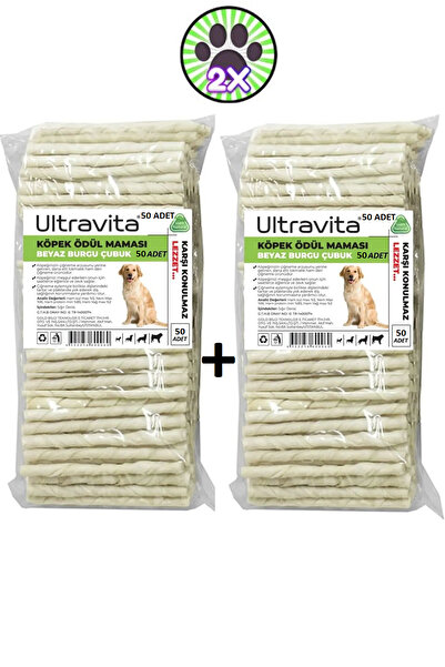ULTRAVİTA Beyaz Burgu Çubuk Köpek Ödül Kemiği Maması %100 Doğal Lezzet 50'li Mega 2'li Paket 600 Gr