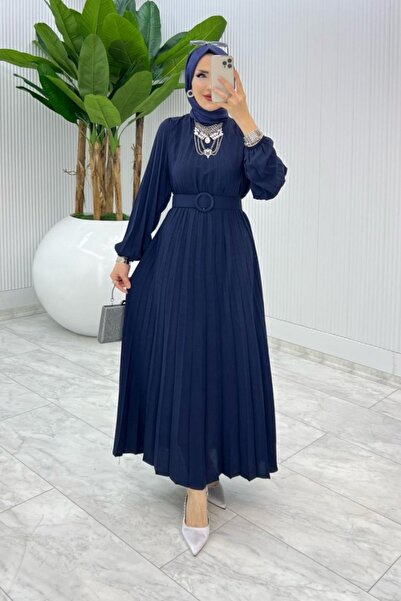 Safgiyim44 Kadın Giyim Piliseli Kemerli Elbise - Lacivert