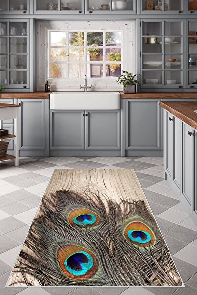 Pelangi Tavus Kuşu Tüyü Desenli Yıkanabilir Kaymaz Taban Leke Tutmaz Mutfak H...