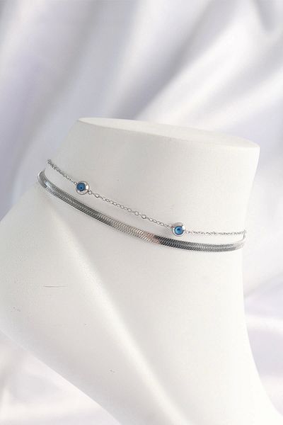 STOREMAX 316L Steel Silver Color Evil Eye Bead Designed 2-Piece Anklet