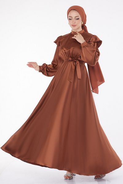 TOFİSA Princess Sleeve Evening Dress Brown - 24887