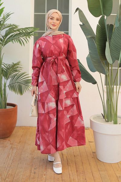 TOFİSA Patterned Sleeve Gathered Dress Claret Red - 26620