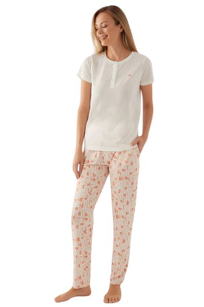 vory White Women's Half Placket Short Sleeve Home Wear Printed Pajama Set Vr.Ar.K28.T91.Y11