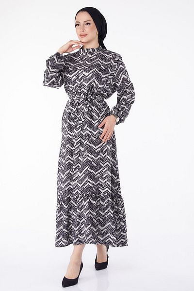 TOFİSA Belted Patterned Dress White - 25464