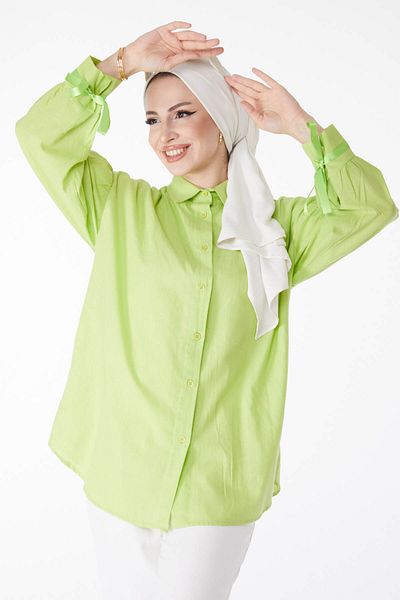 TOFİSA Green Balloon Sleeve Lace Detailed Women's Shirt - Straight Shirt Collar 13161
