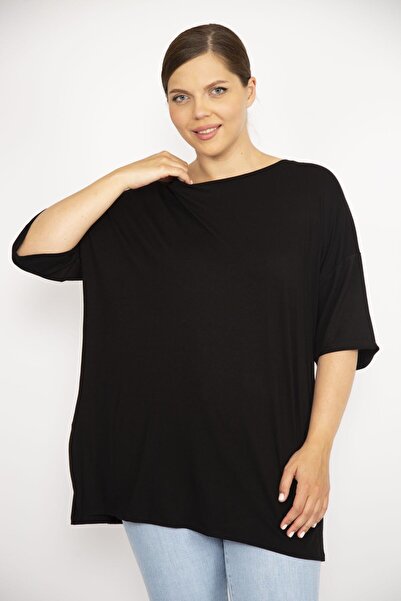 Şans Women's Black Plus Size Side Slit Short Sleeve Blouse 65n36629