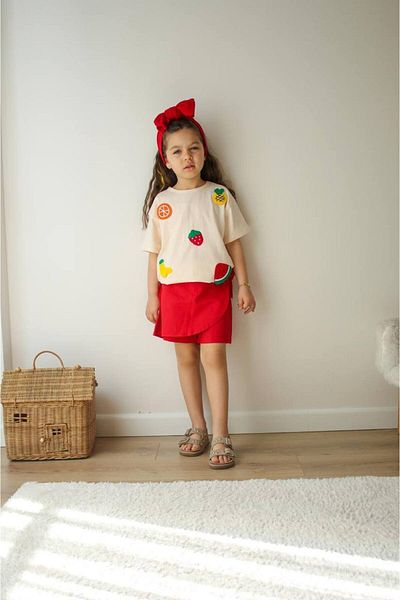 Hzmis Girl's Fruit Motif Red Bottom-Top Shorts Skirt Suit