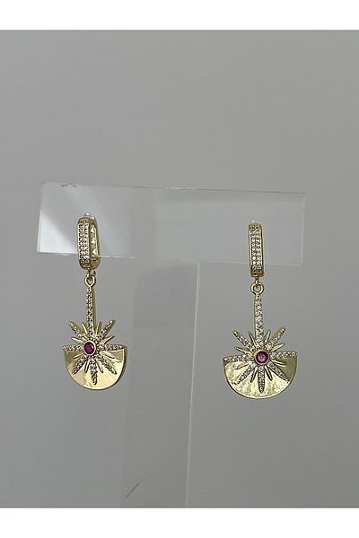 JELLY Women's Steel Gold Color Red Stone Star Patterned Designer Dangle Earrings
