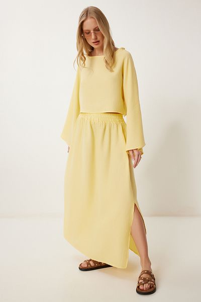 Lovelyİstanbul Muslin Blouse Skirt Set Yellow Lrv0094