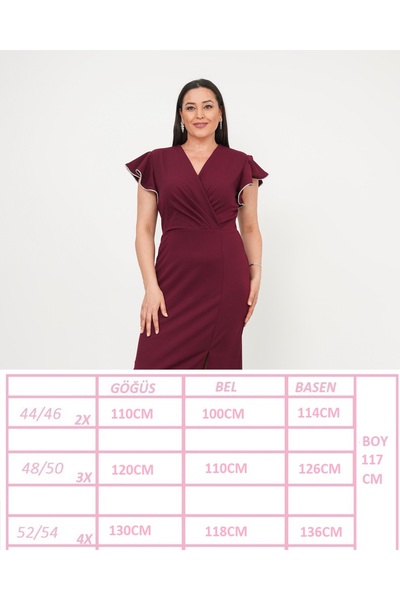 Butik Nilyam Women's Plus Size Double Breasted Collar Sleeve Stone Detailed Slit Midi Evening Dress 24771