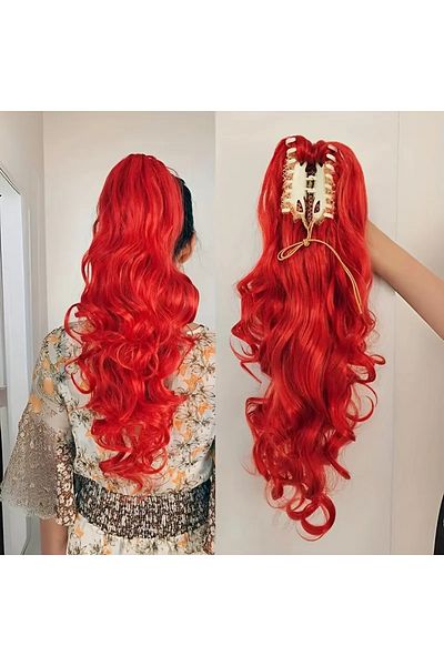 animis beauty Hair extension RED hair ponytail, wavy, clip-in type, 60 cm, synthetic fiber with natural look