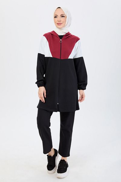 TOFİSA Hooded Tunic Trousers Claret Red - 13107