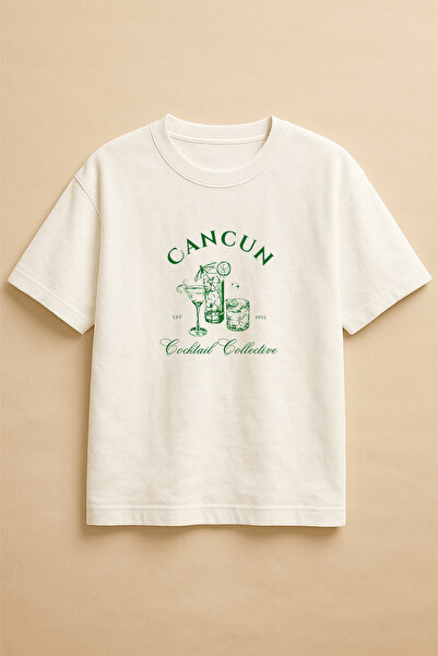 Altair Tr تي شيرت أبيض اللون كبير الحجم مطبوع عليه كوكتيل كانكون للجنسين