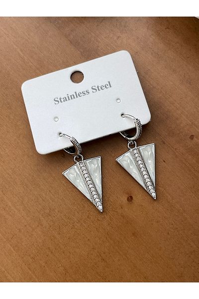 JELLY Women's Steel Silver Color Zircon Stone Detailed Triangle Dangle Earrings