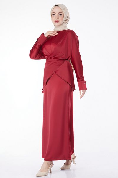 TOFİSA Διπλό Σετ Claret Red με λεπτομέρεια σχισμής και δαντέλας - 24999