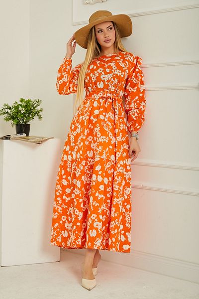 TOFİSA Orange Print Drawstring Sleeve Dress - 26619