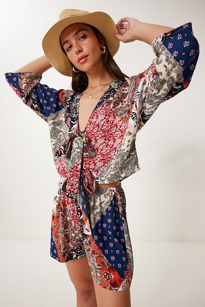 Lovelyİstanbul Patterned Summer Crop Shorts Set Red Navy Blue Lje0001
