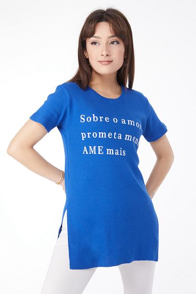 TOFİSA Printed Slit T-Shirt Saks - 24792