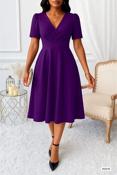 Kokosh moda Rochie de damă, cu mânecă scurtă, cu rever dublu, lungime midi, din țesătură creponată
