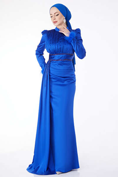 TOFİSA Saks večerní šaty s péřovým límcem a rukávy - 24885