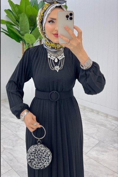 Safgiyim44 Kadın Giyim Piliseli Kemerli Elbise Siyah