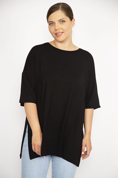 Şans Women's Black Plus Size Side Slit Short Sleeve Blouse 65n36629