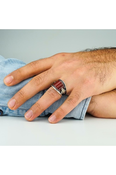 Moda Gümüş 925 Ayar Gümüş Osmanlı Tuğralı Kırmızı Akik Taşlı Gümüş Yüzük