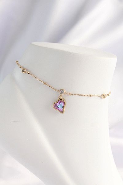STOREMAX 316L Steel Gold Color Colorful Zircon Stone Heart Anklet