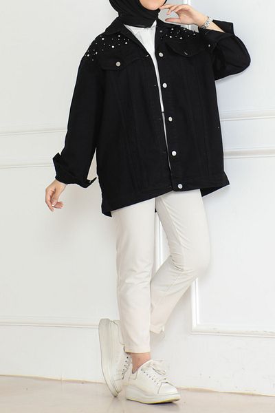 TOFİSA Women's Oversize Shirt Collar Shoulder Stone Denim Jacket - 26616