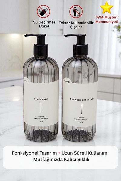 homence Plastic Bottle Kitchen Set of 2 Smoked Soap Dispensers with Dishwashing Liquid and Liquid Soap Label 500 ml